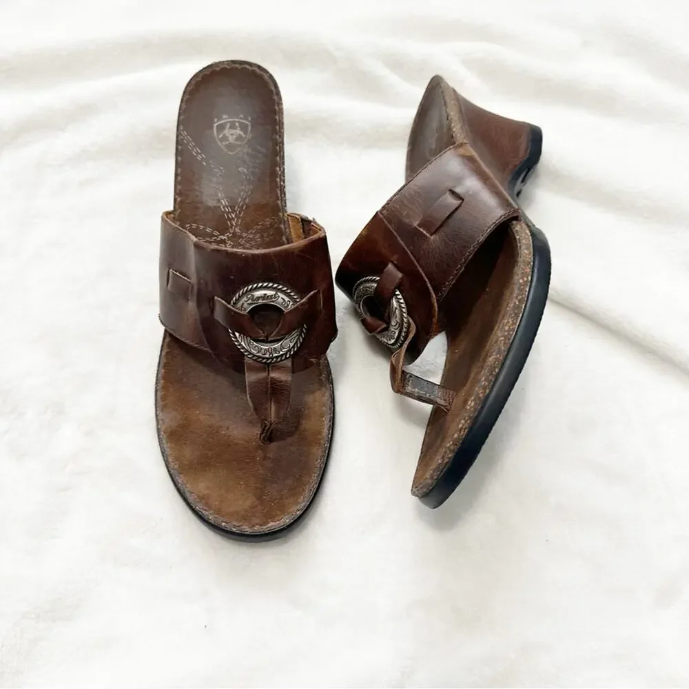 Ariat Brown Leather Sandals t strap with Silver Accent size 9 wedge cowgirl